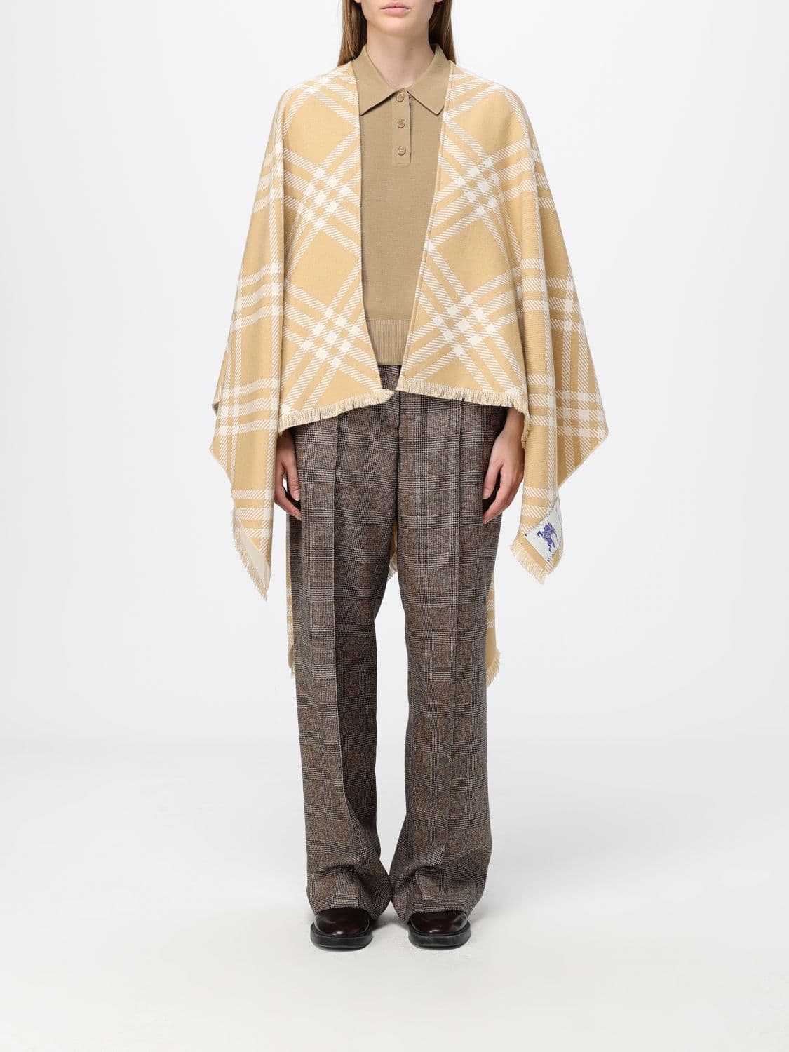 Burberry Check Wool and Cashmere Blend Cape with Fringed Hem