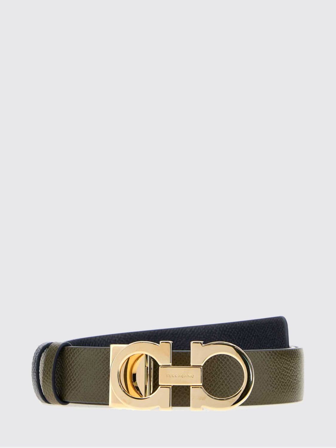 Ferragamo Gancini Buckle Hammered Leather Belt in Olive