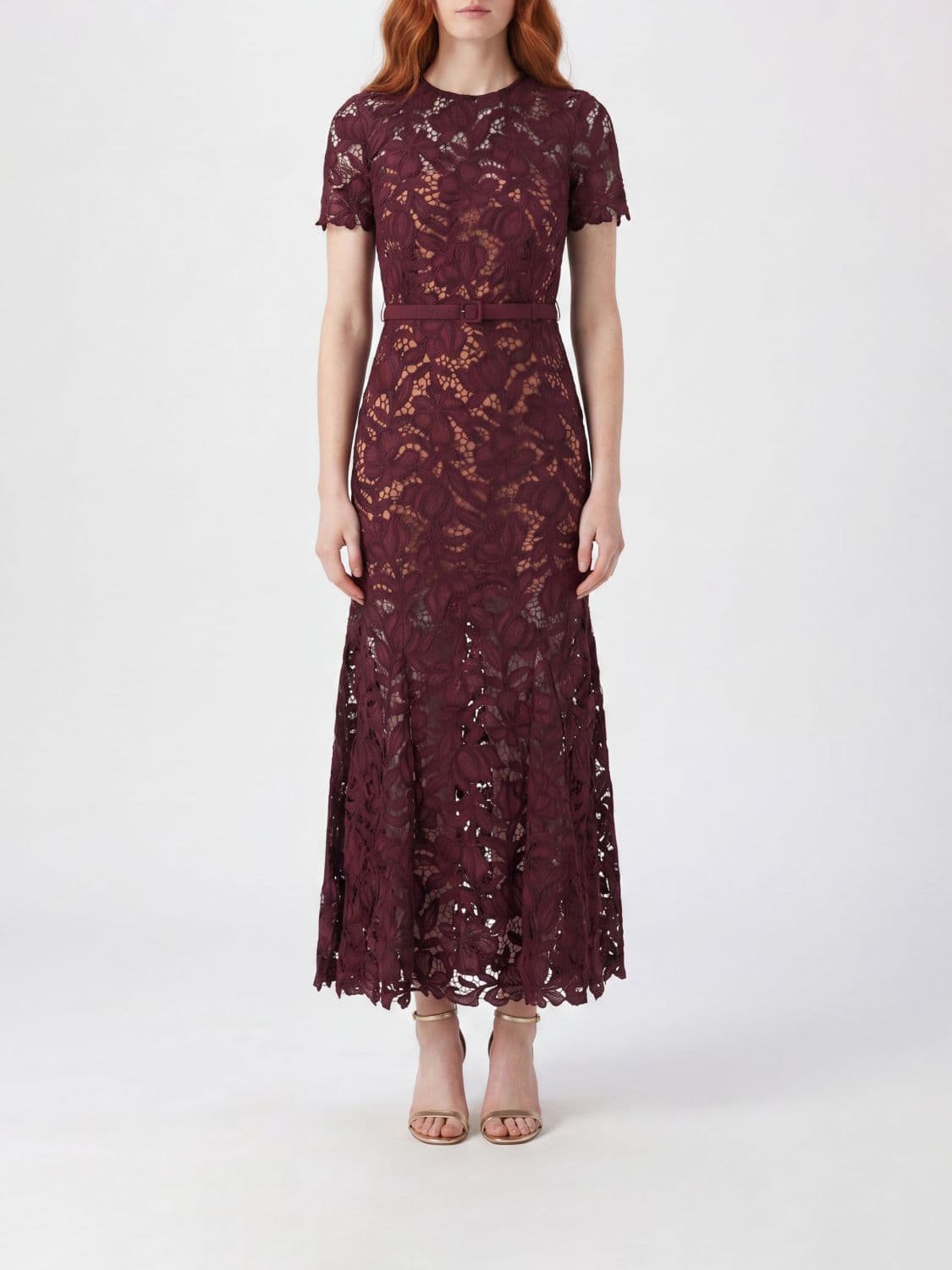 Self-Portrait A-Line Short-Sleeved Lace Mini Dress with Belt