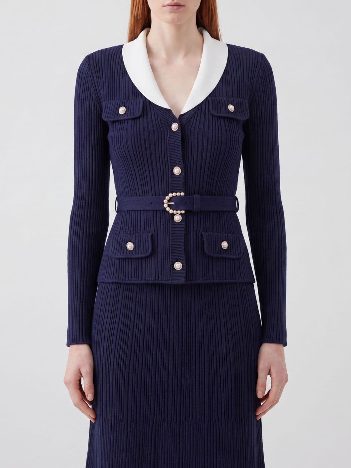 Self-Portrait Slim Fit Ribbed-Knit Cardigan with Lapels and Belt