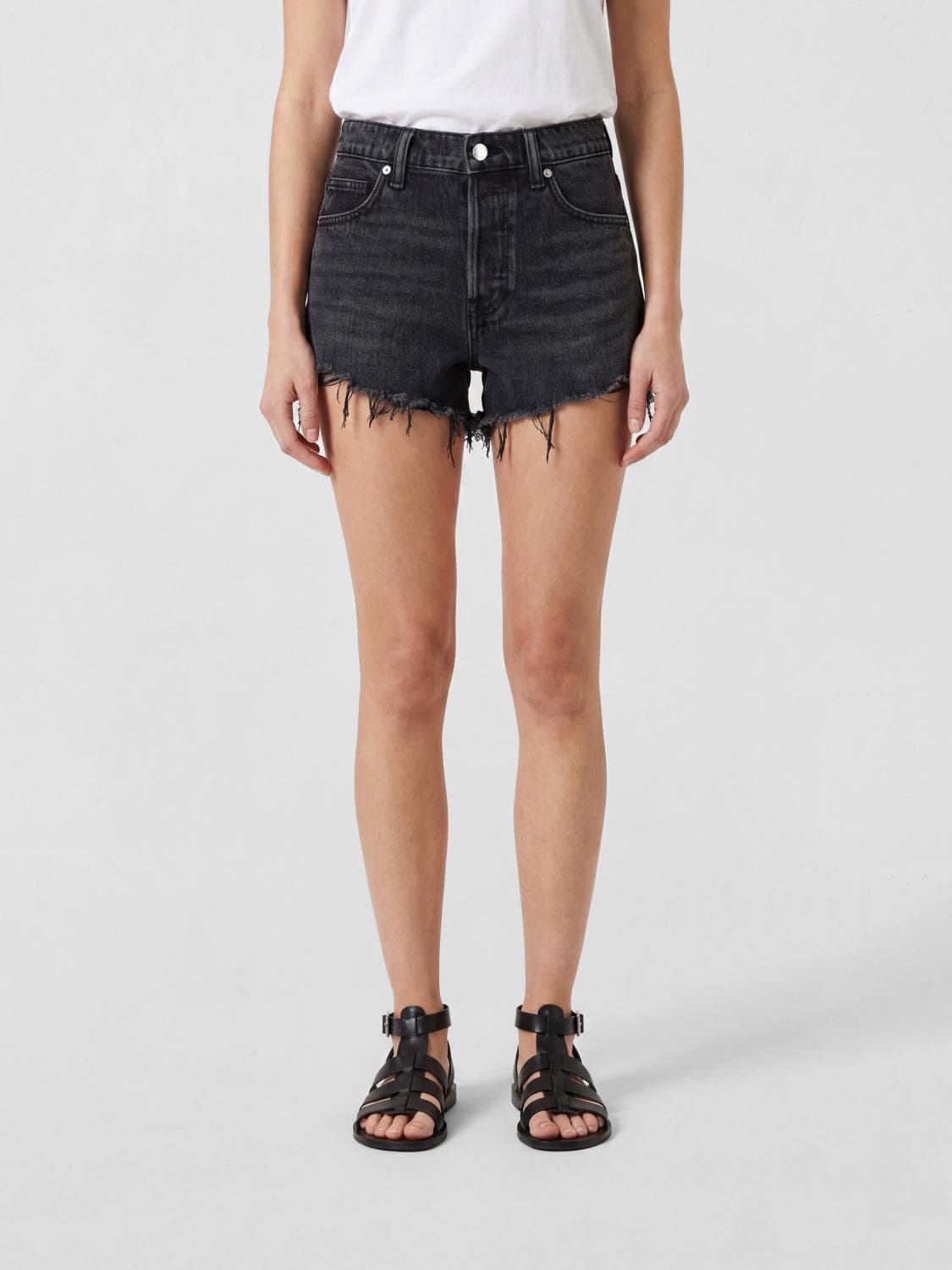 Alexander Wang Denim Shorts with Raw Hem and Rhinestone Logo