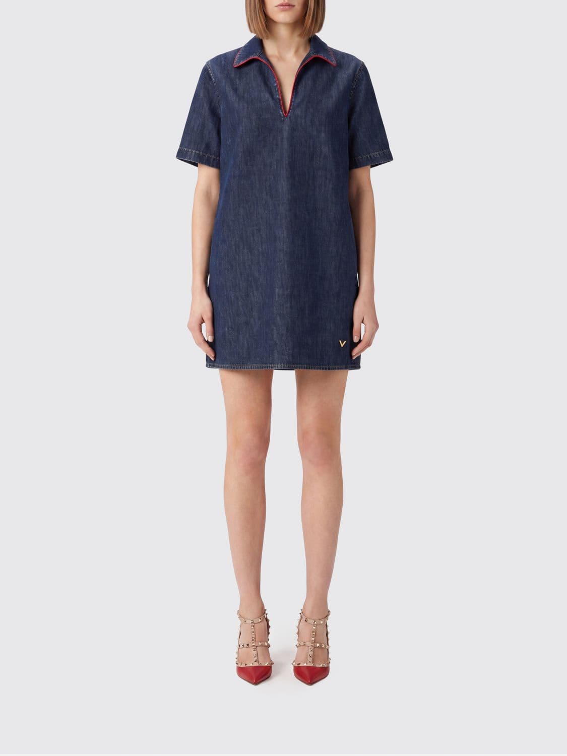Valentino Garavani Short-Sleeved Cotton Denim Chemisier Mini Dress
