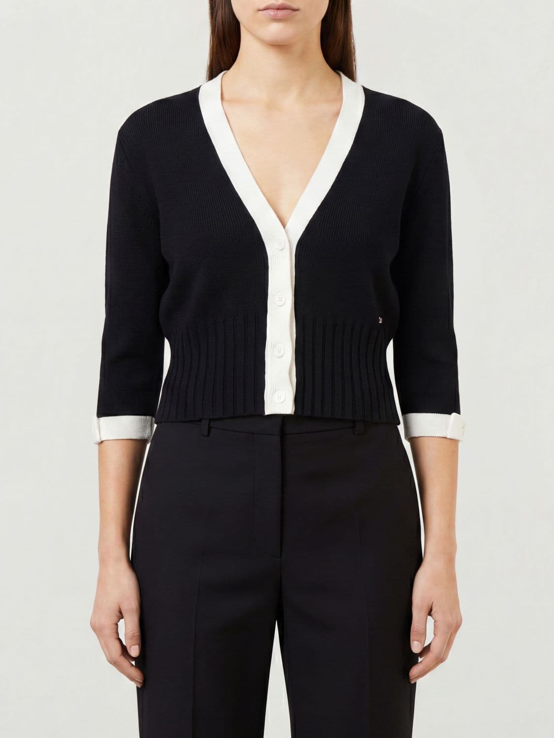 Valentino Slim Fit Cotton Cardigan with V-Neck and Contrast Trim