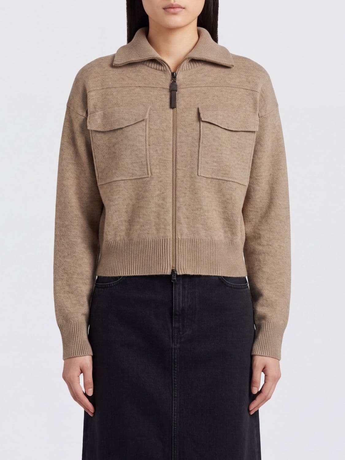 Brunello Cucinelli Cashmere Blend Cardigan with Collar and Zip Closure