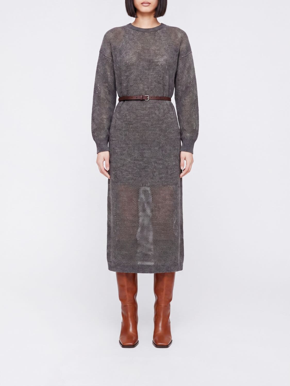 Brunello Cucinelli Mohair Blend Midi Knit Dress with Belt and Crewneck
