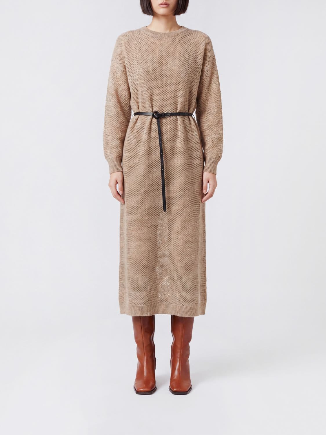 Brunello Cucinelli Mohair Blend Midi Knit Dress with Belt and Crewneck · XS
