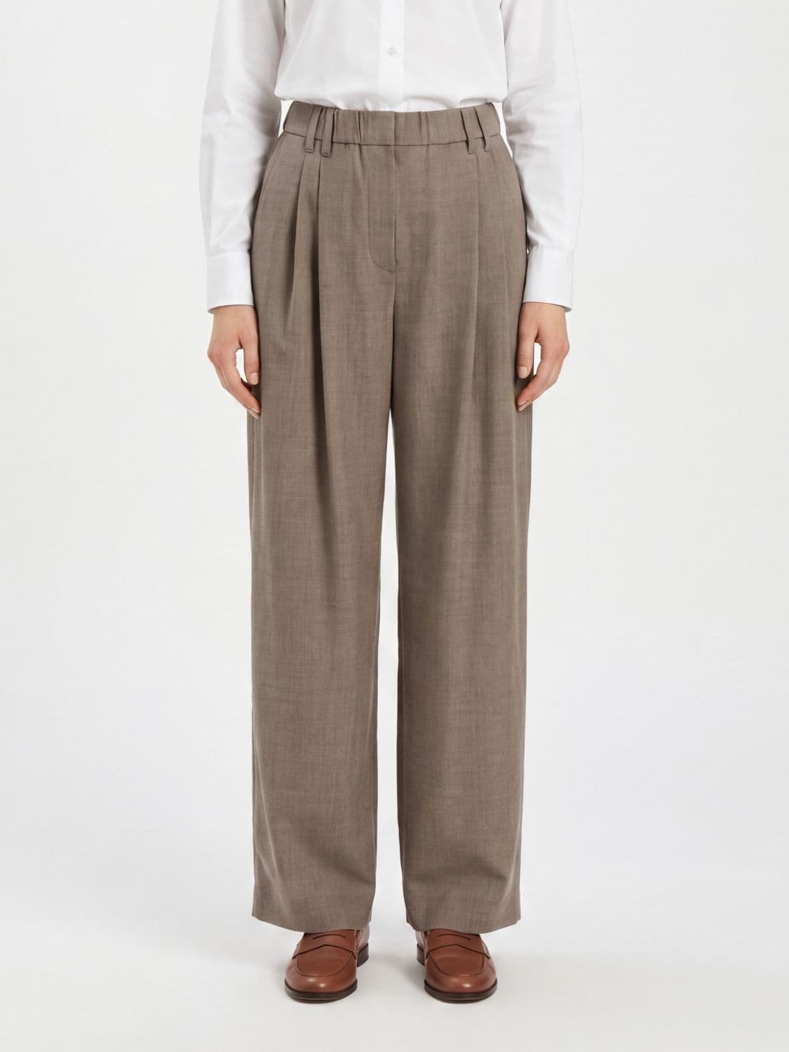 Brunello Cucinelli High-Waisted Virgin Wool Wide Leg Trousers with Monili