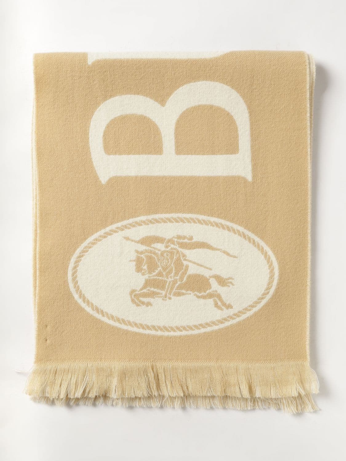 Burberry Logo Print Pure Merino Wool Scarf with Fringed Hem