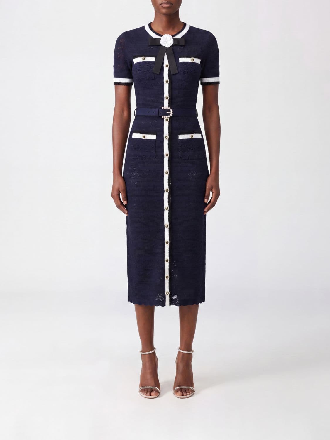 Self-Portrait Slim Fit Knit Cotton-Blend Sheath Mini Dress with Bow and Belt