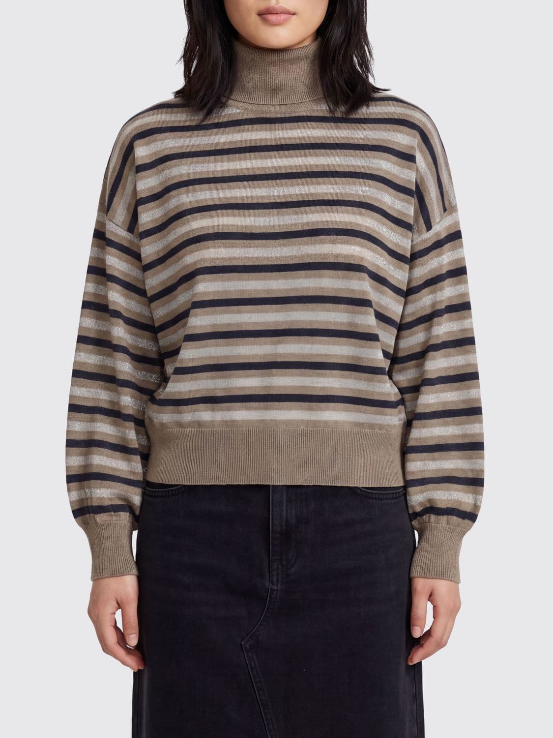 Brunello Cucinelli Relaxed Fit Striped High Neck Jumper in Wool and Cashmere