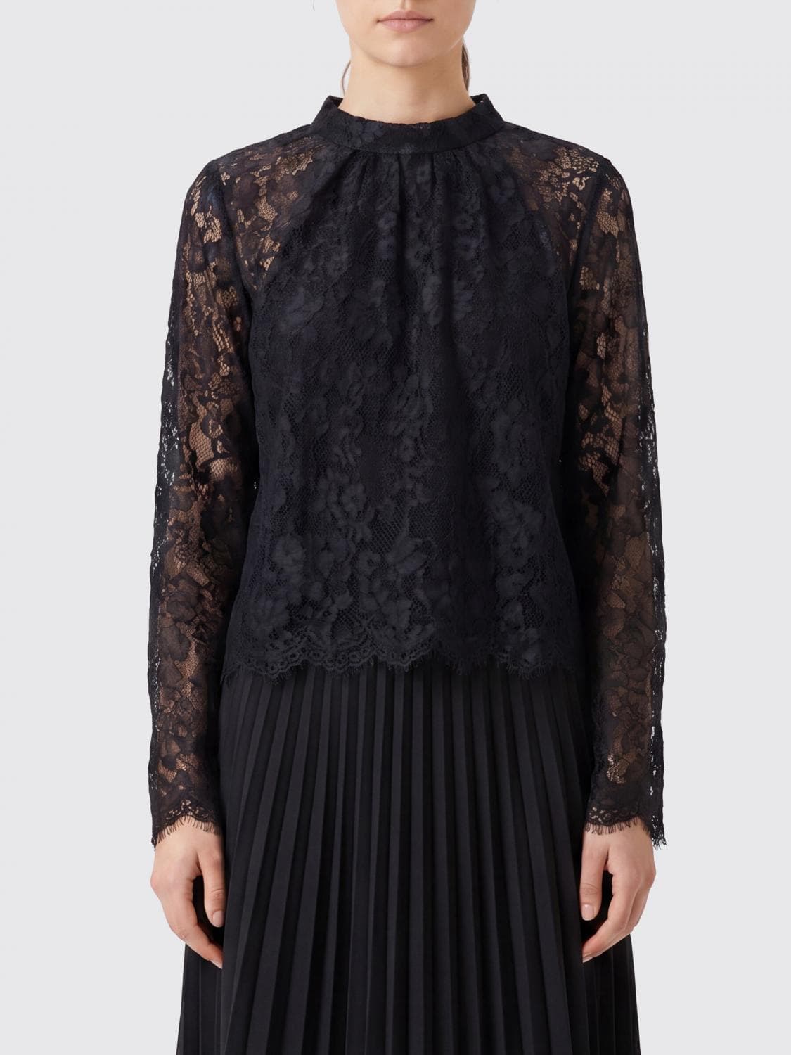 Self-Portrait Black Lace Long-Sleeved Blouse with Crew Neck
