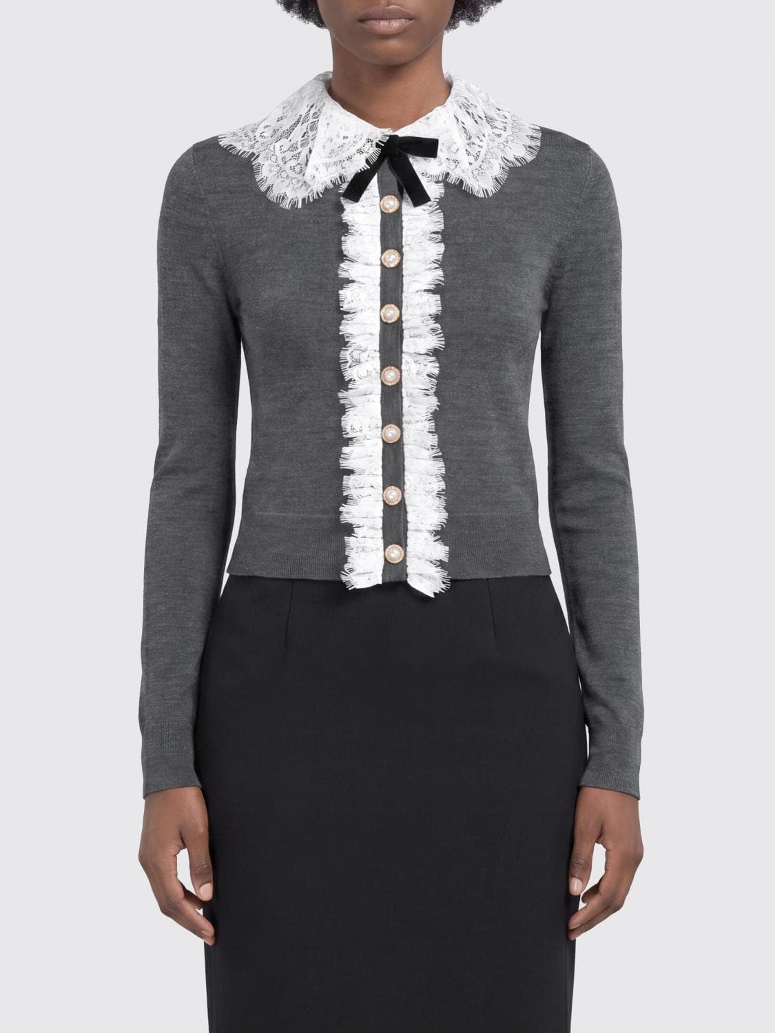 Self-Portrait Slim Fit Wool Cardigan with Lace and Ruffle Collar