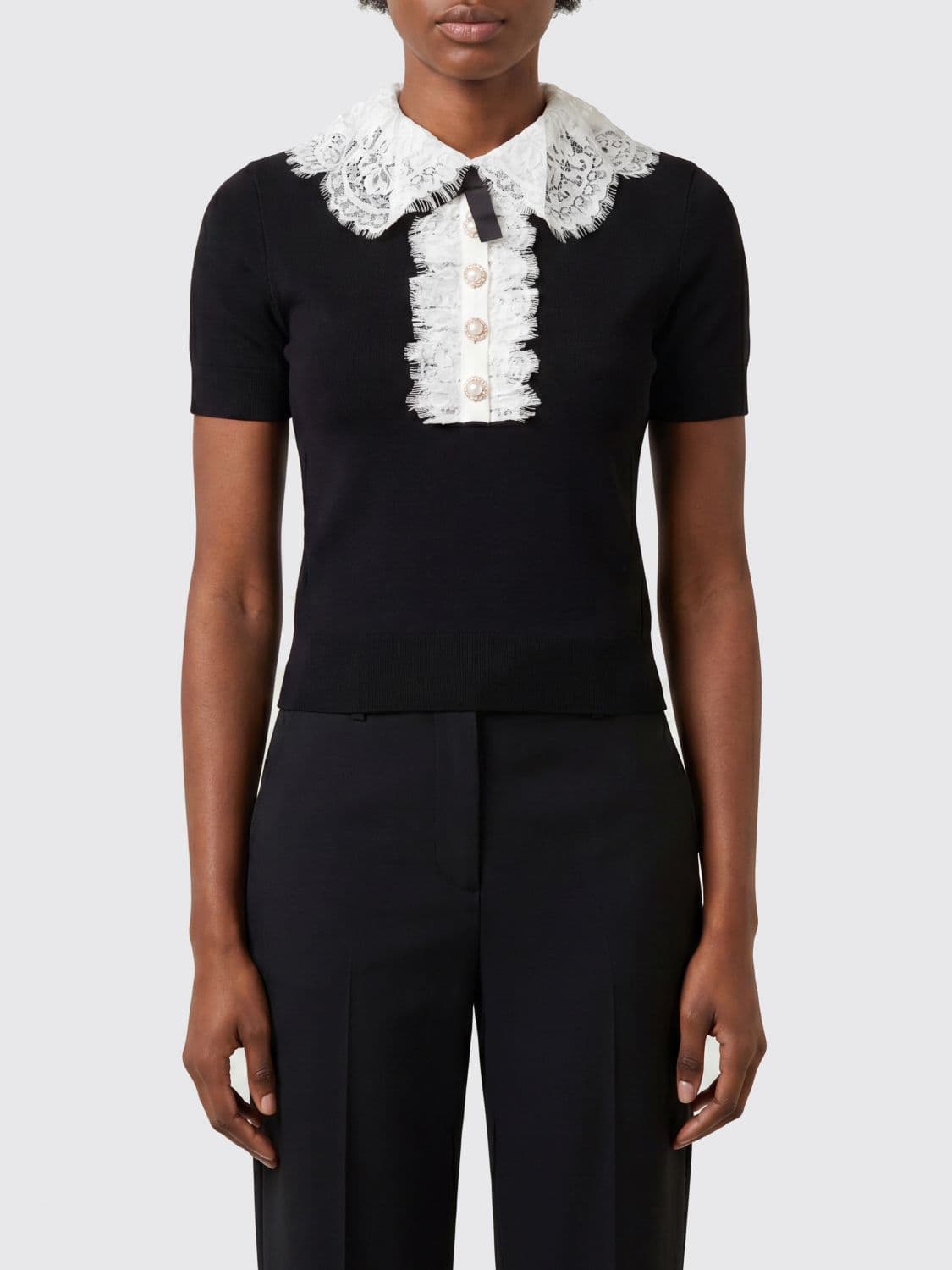 Self-Portrait Short-Sleeved Wool Top with Lace Inserts