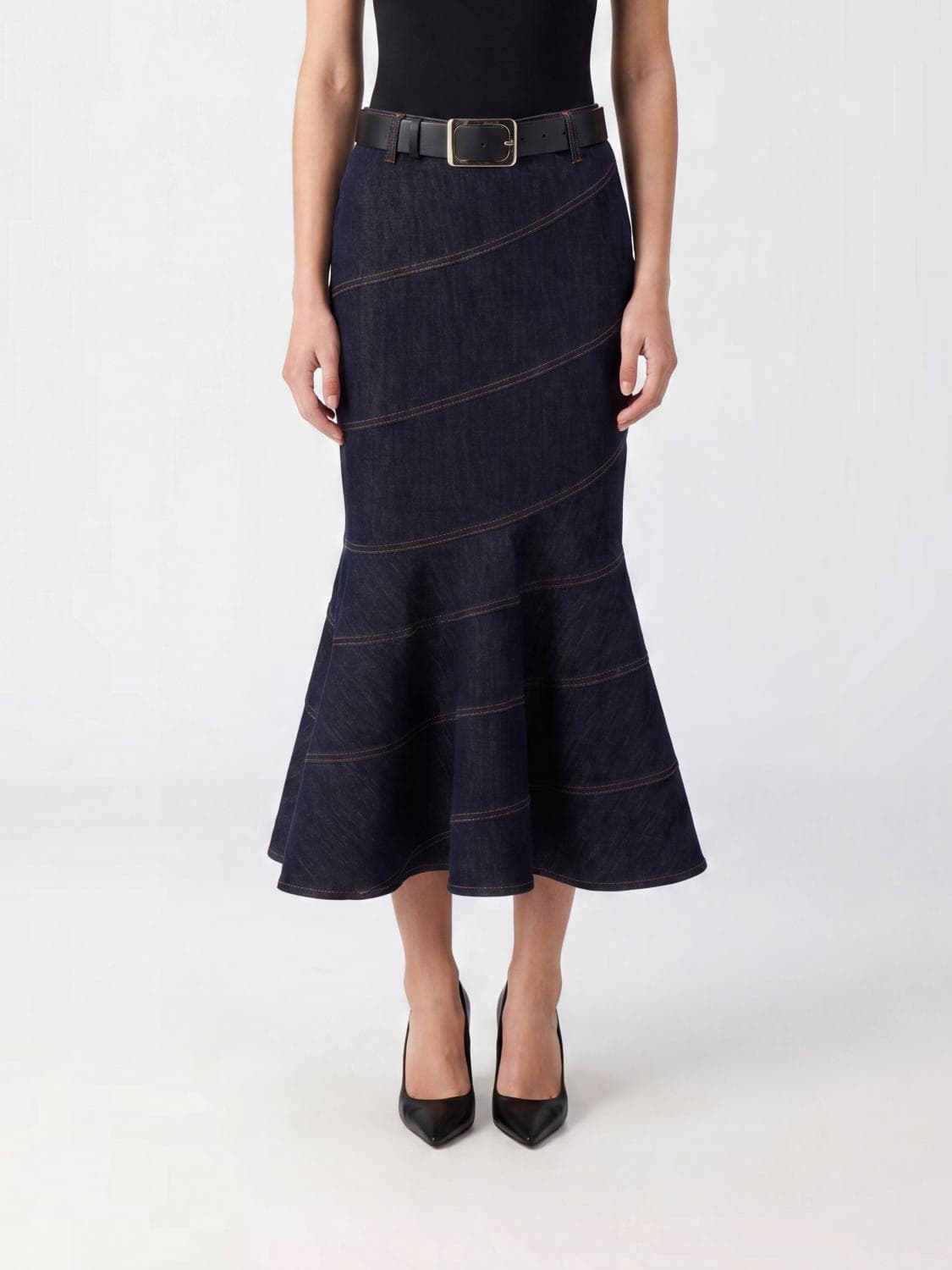 Self-Portrait Striped Denim Flared Midi Skirt with High Waist and Belt