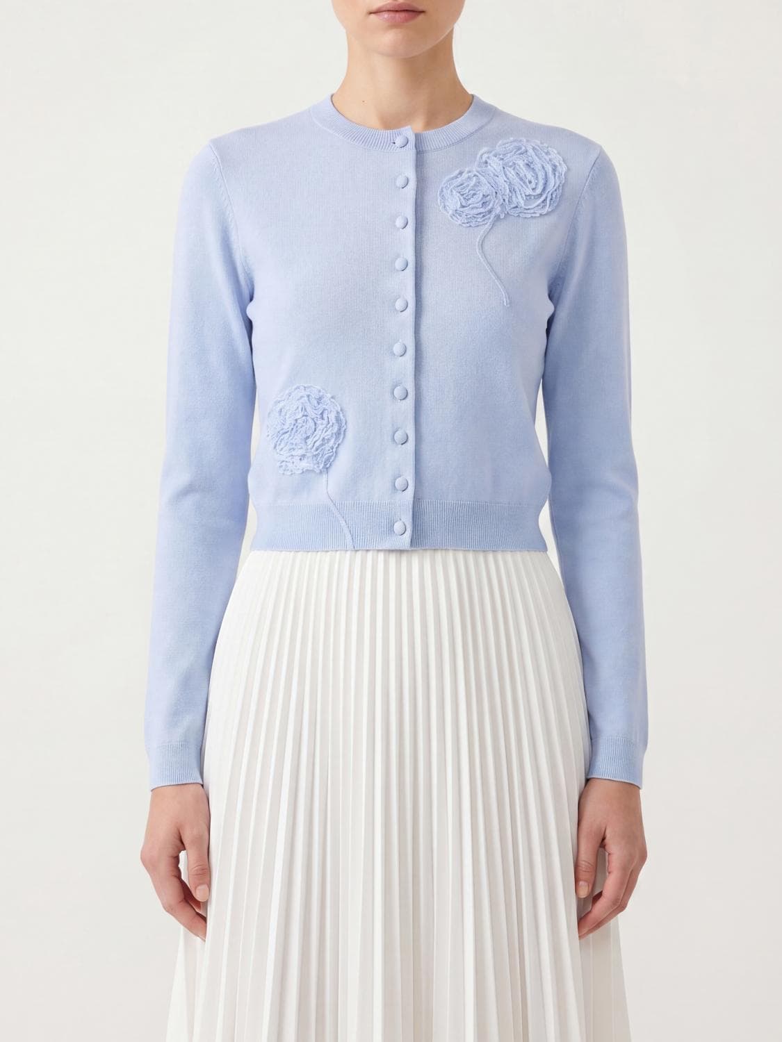 Self-Portrait Slim Fit Wool Blend Cardigan with Flower Appliqué