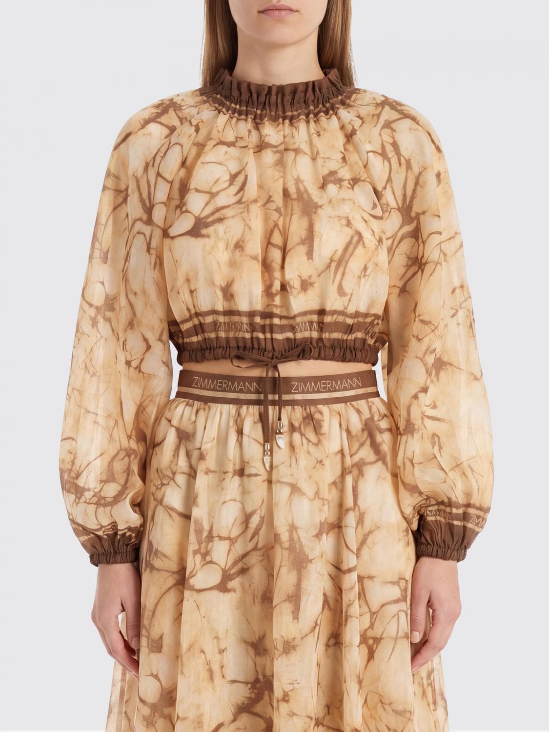 Zimmermann Cropped Abstract-Print Ramie Blouse with Ruffled High Neck