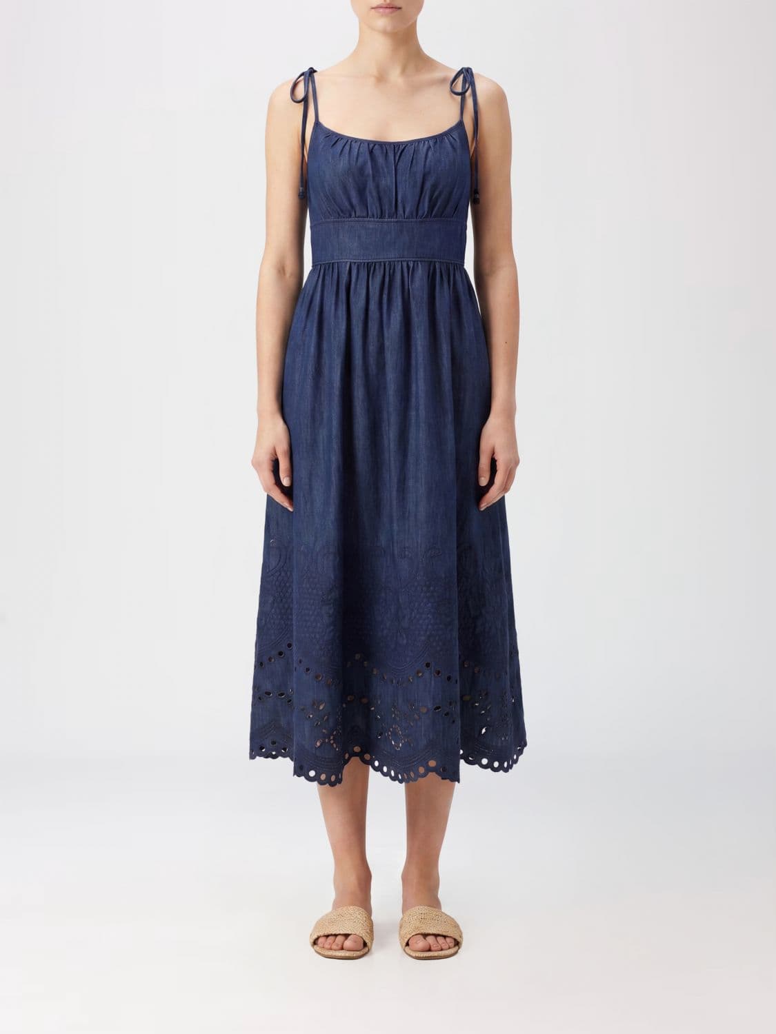 Zimmermann A-line Off-the-Shoulder Embroidered Cotton Denim Midi Dress