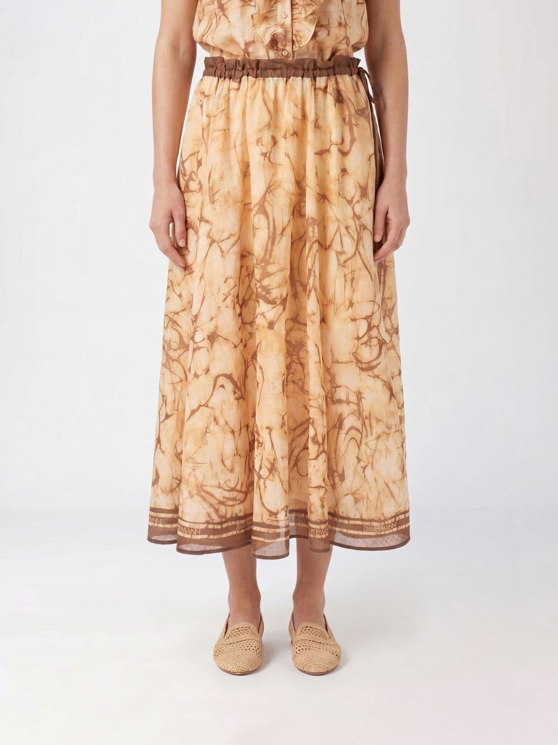 Zimmermann A-line Abstract-Print Ramie Midi Skirt with High Waist