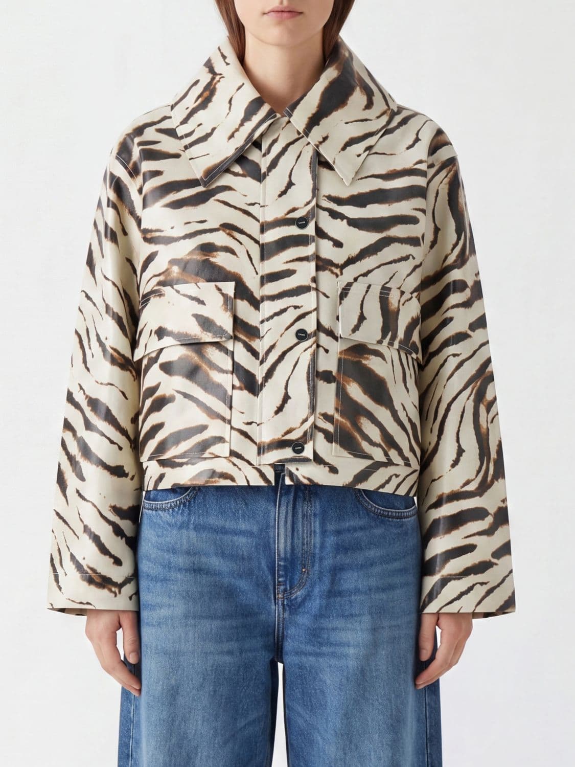 Ganni Cropped Zebra-Print Leather Jacket with Patch Pockets and Concealed Fastening