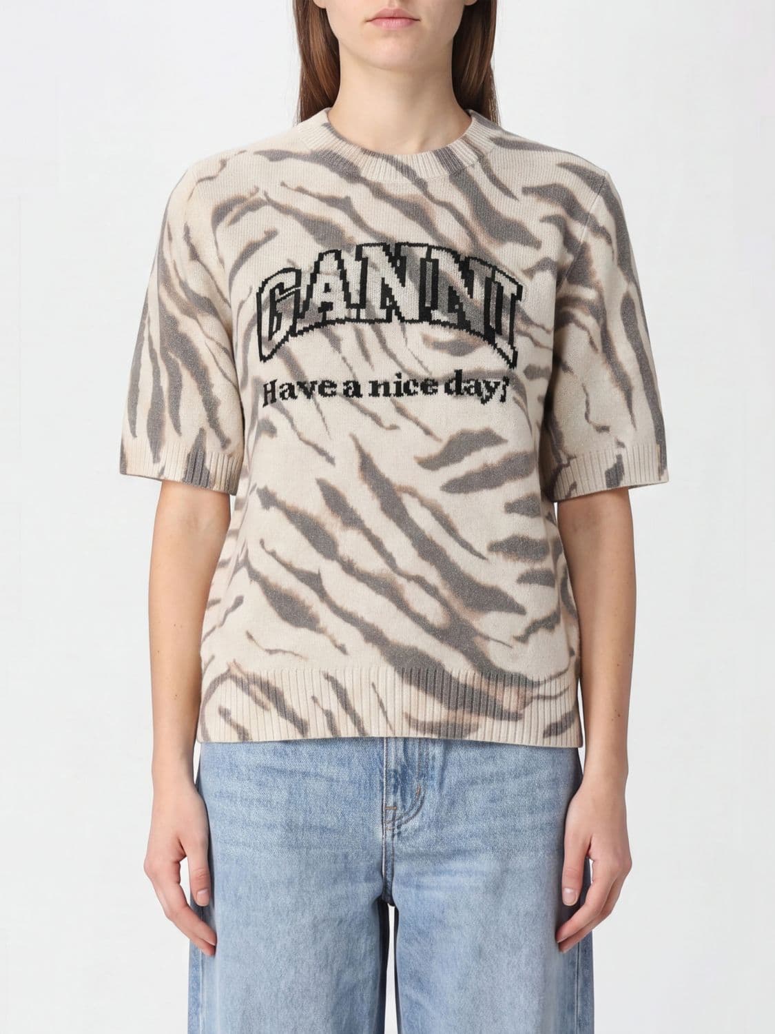 Ganni Zebra-Print Short-Sleeved Wool Jumper