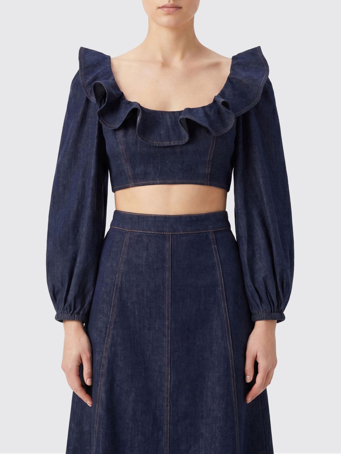 Zimmermann Cropped Long-Sleeve Cotton Denim Top with Ruffles