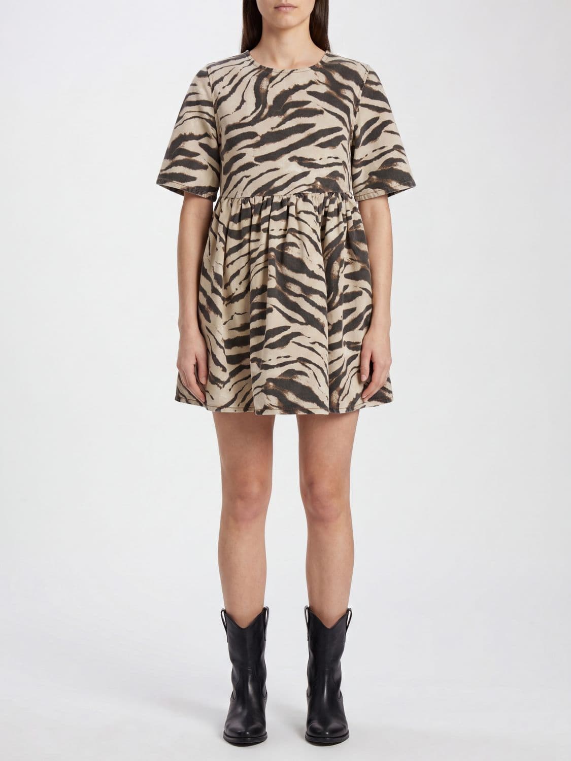 Ganni A-Line Zebra-Print Organic Cotton Mini Dress with Crew Neck
