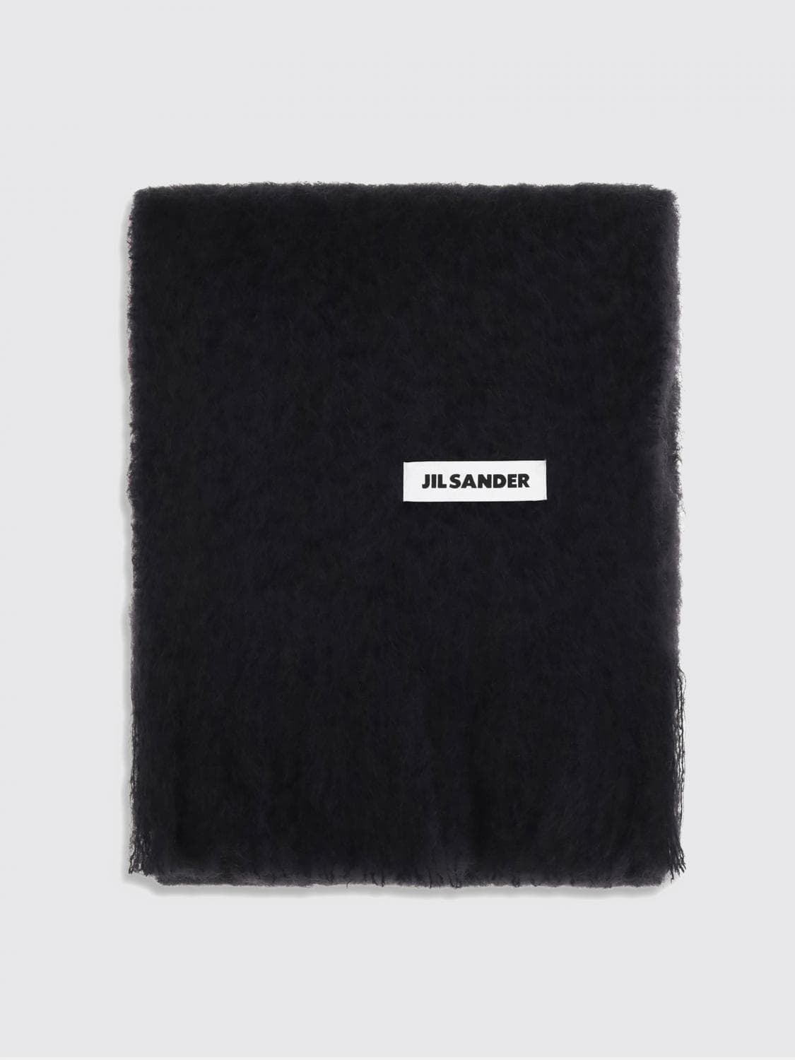 Jil Sander Fringed Mohair Wool Blend Scarf with Applied Logo Patch