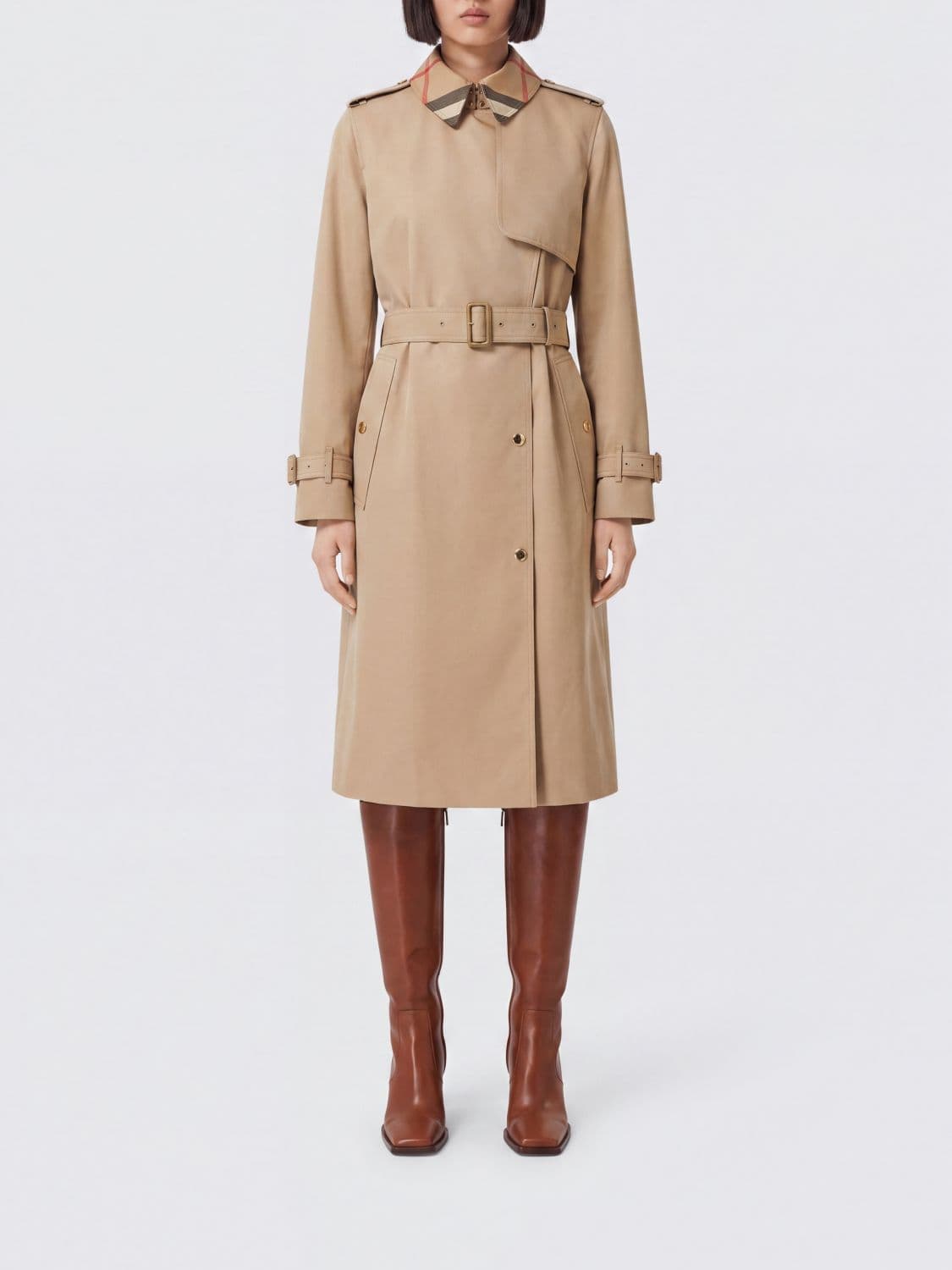 Burberry Knee-Length Double-Breasted Cotton Trench Coat with Belt and Check Collar