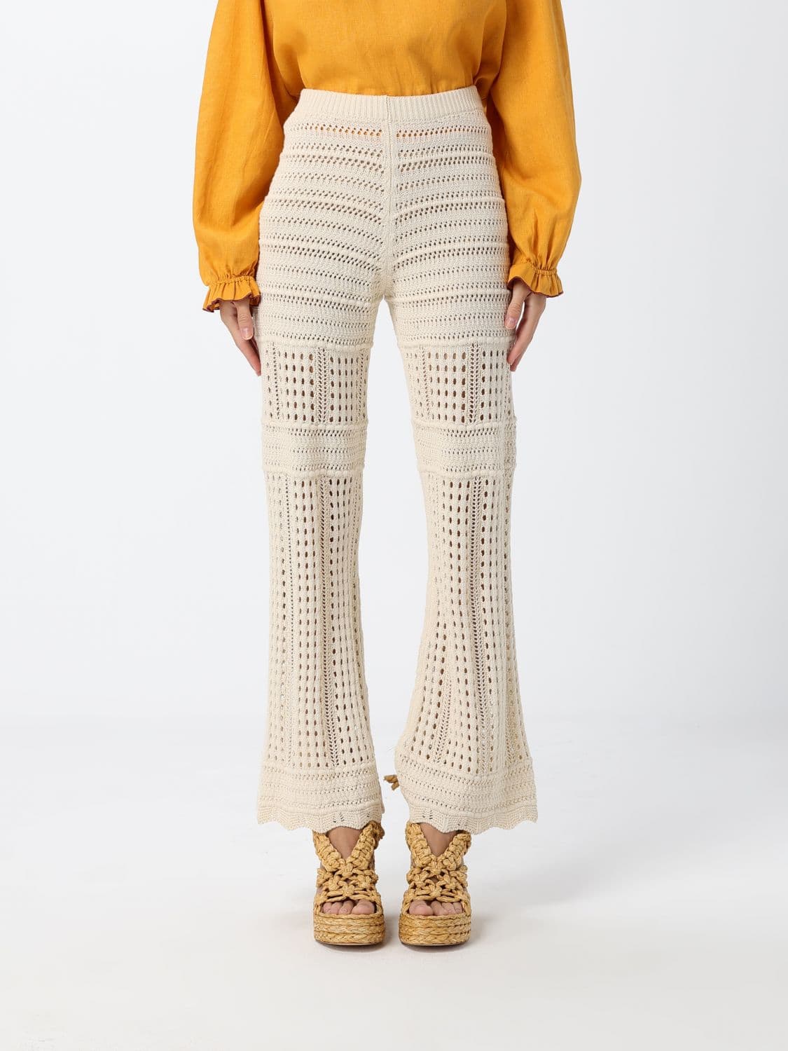 Twinset High-Waisted Flared Crochet Cotton Knit Trousers