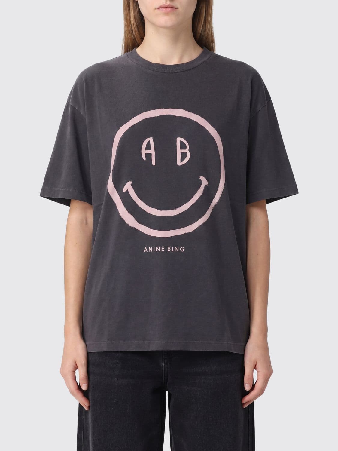 Anine Bing Graphic Print Cotton T-Shirt with Contrasting Logo