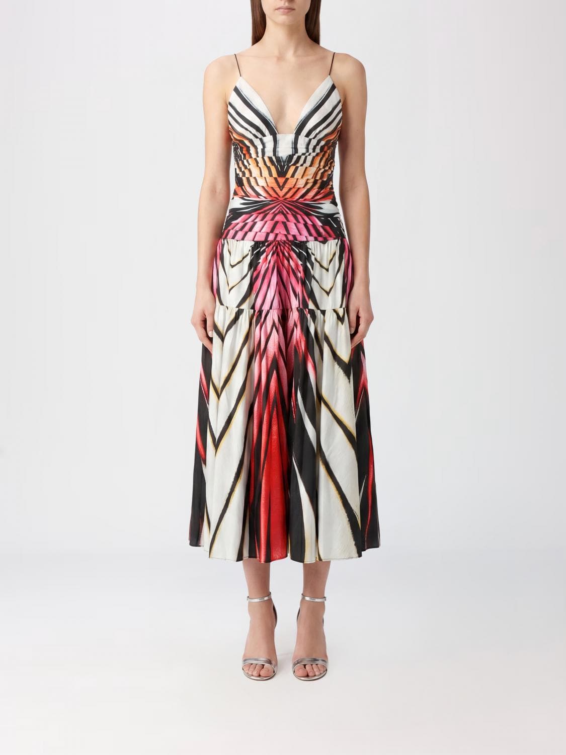 Roberto Cavalli V-Neck Abstract Print Stretch Cotton A-Line Midi Dress