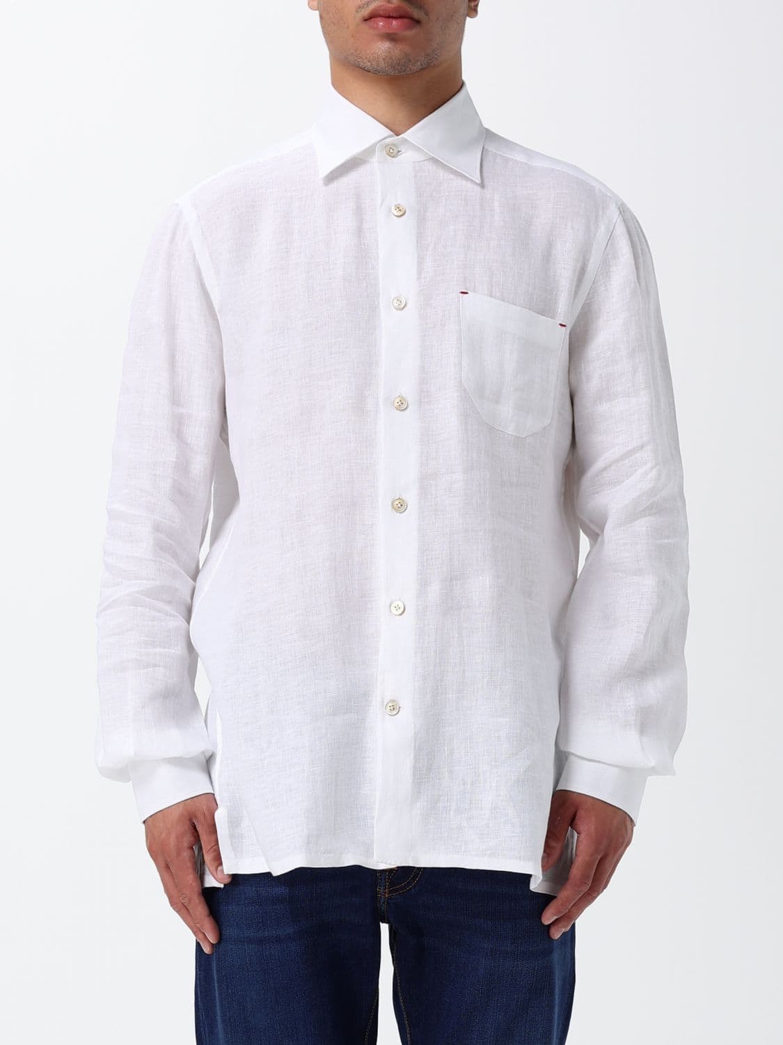 Kiton Casual Linen Shirt with Patch Pocket and Straight Hem