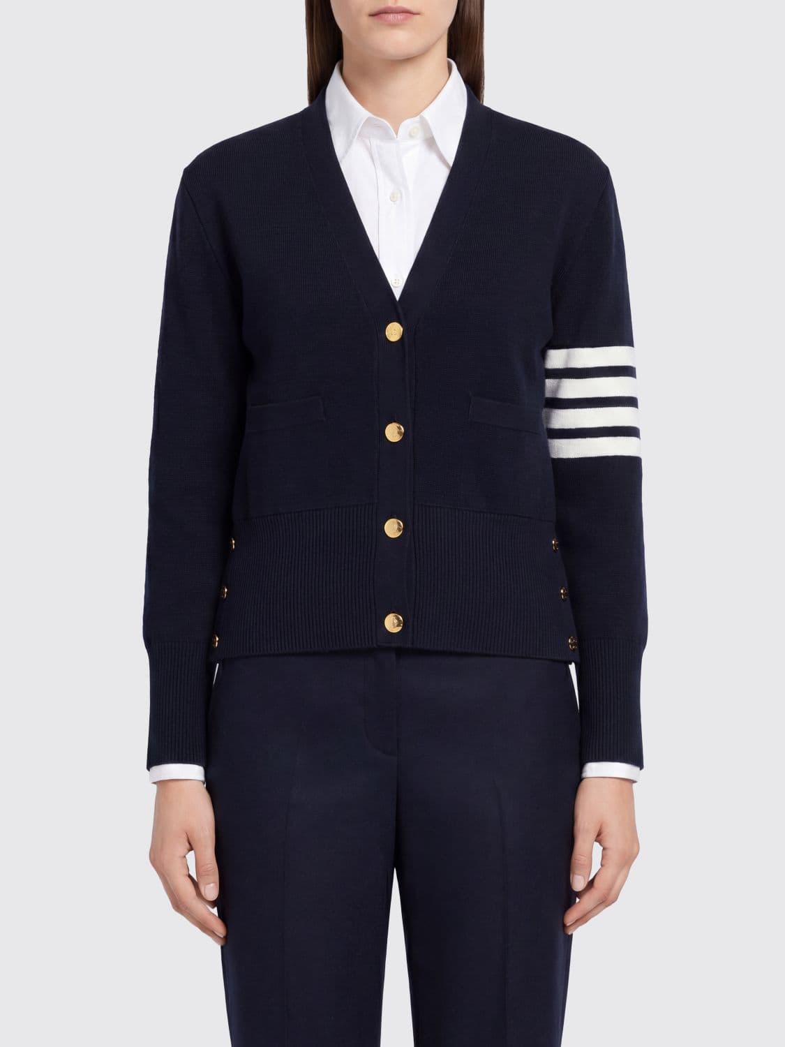 Thom Browne V-Neck Wool Cardigan with 4-Bar Detail