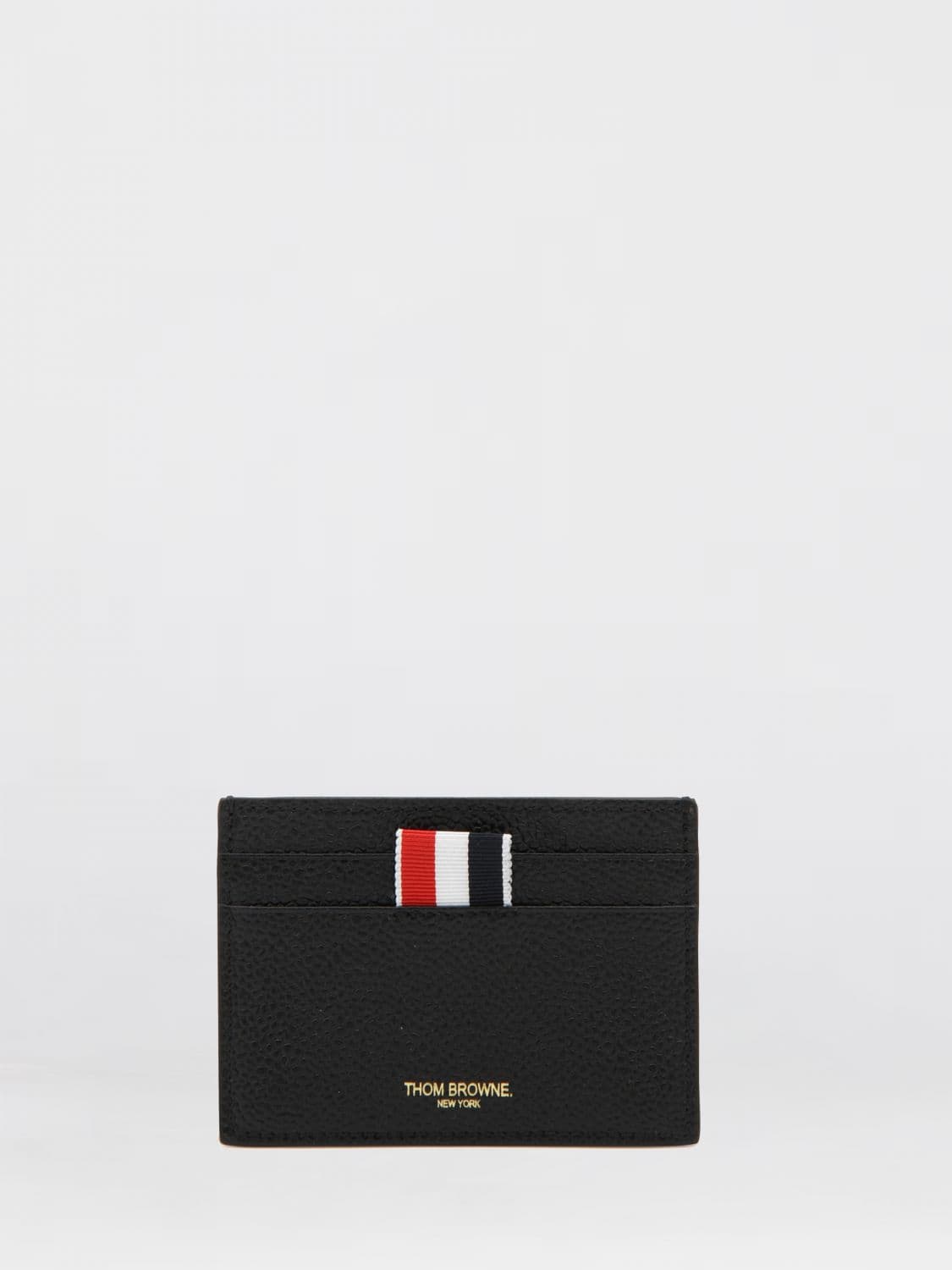 Thom Browne Flat Card Holder in Grained Leather with Stripe Pattern and Laminated Logo