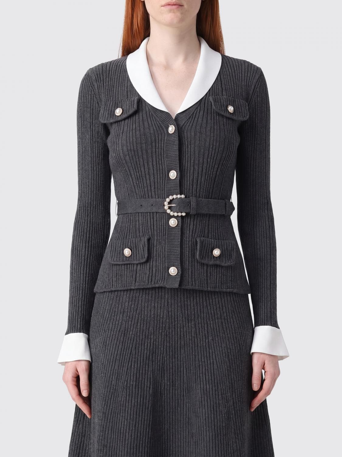 Self-Portrait Ribbed Wool-Blend Belted Lapel Cardigan