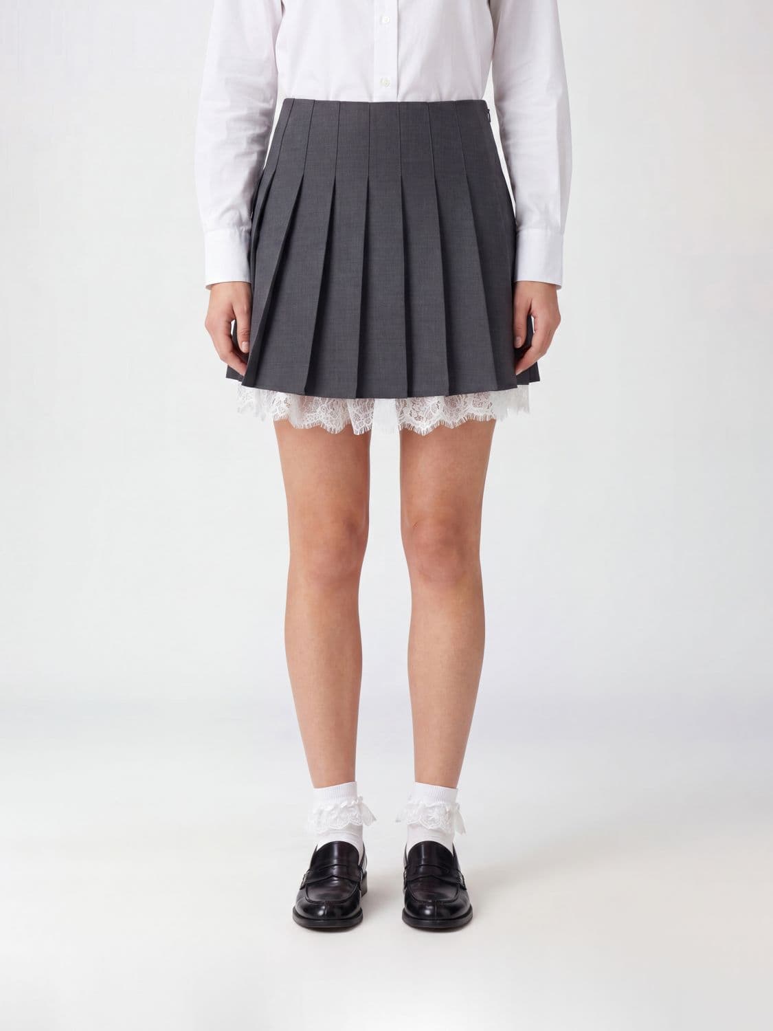 Self-Portrait Pleated Wool-Blend Mini Skirt with Lace Inserts