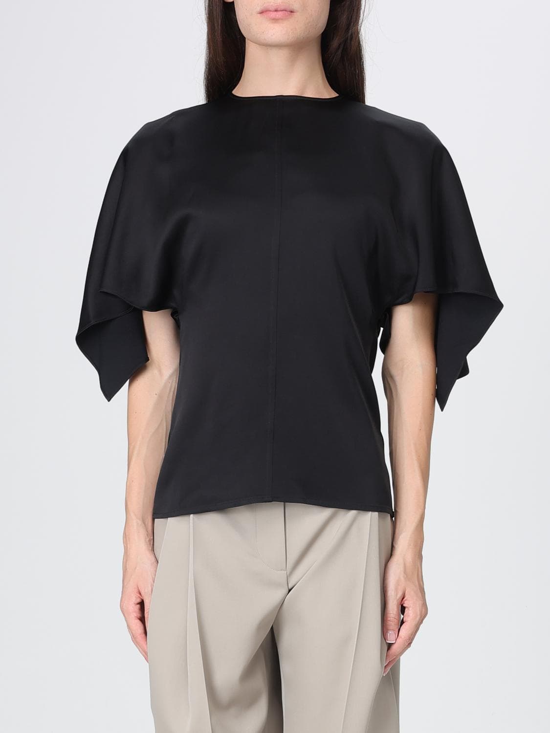 Stella Mccartney Crewneck Blouse in Satin with Short Sleeves and Tie Fastening