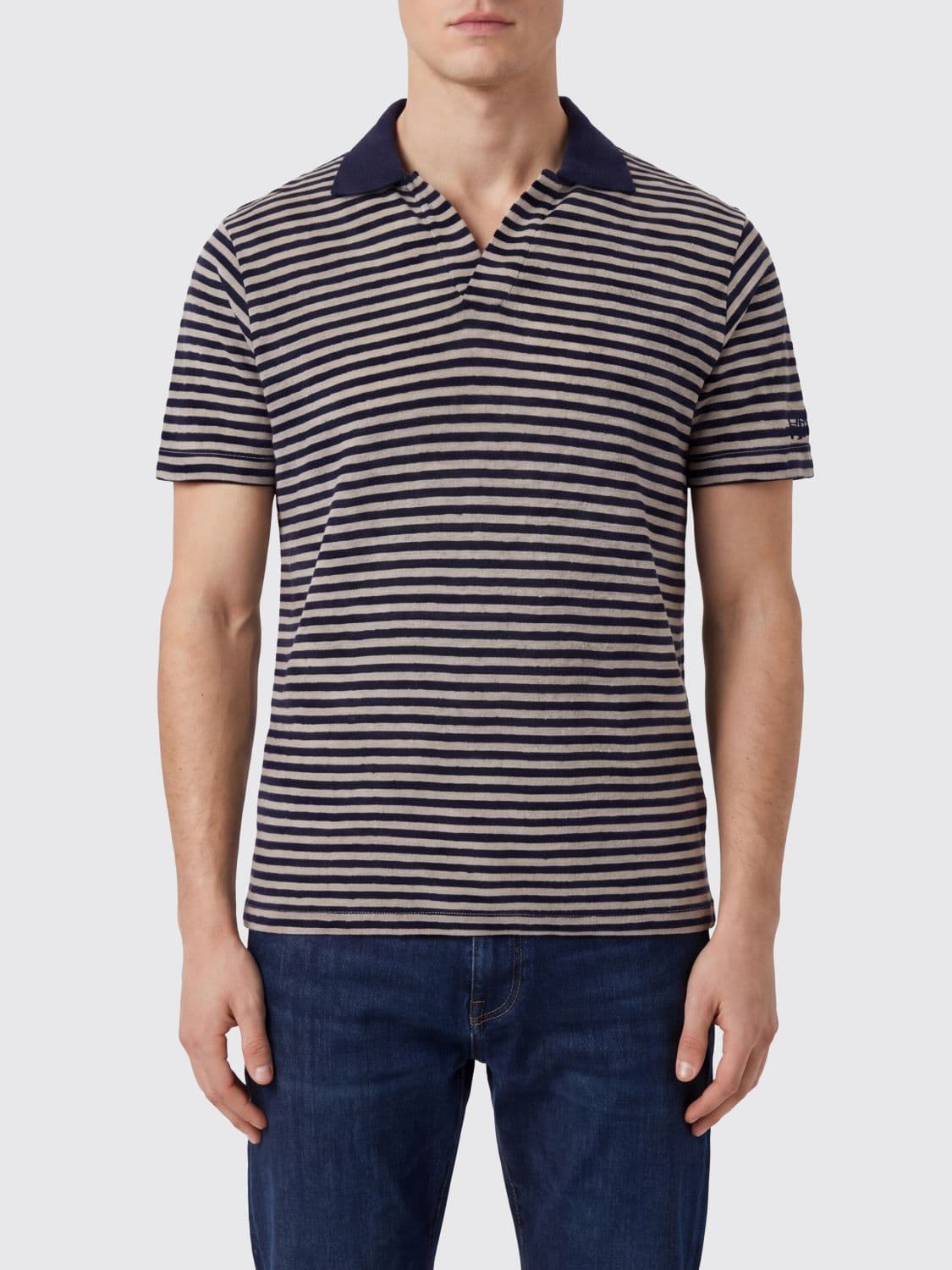 Mc2 Saint Barth Striped Linen and Cotton Blend V-Neck Polo Shirt