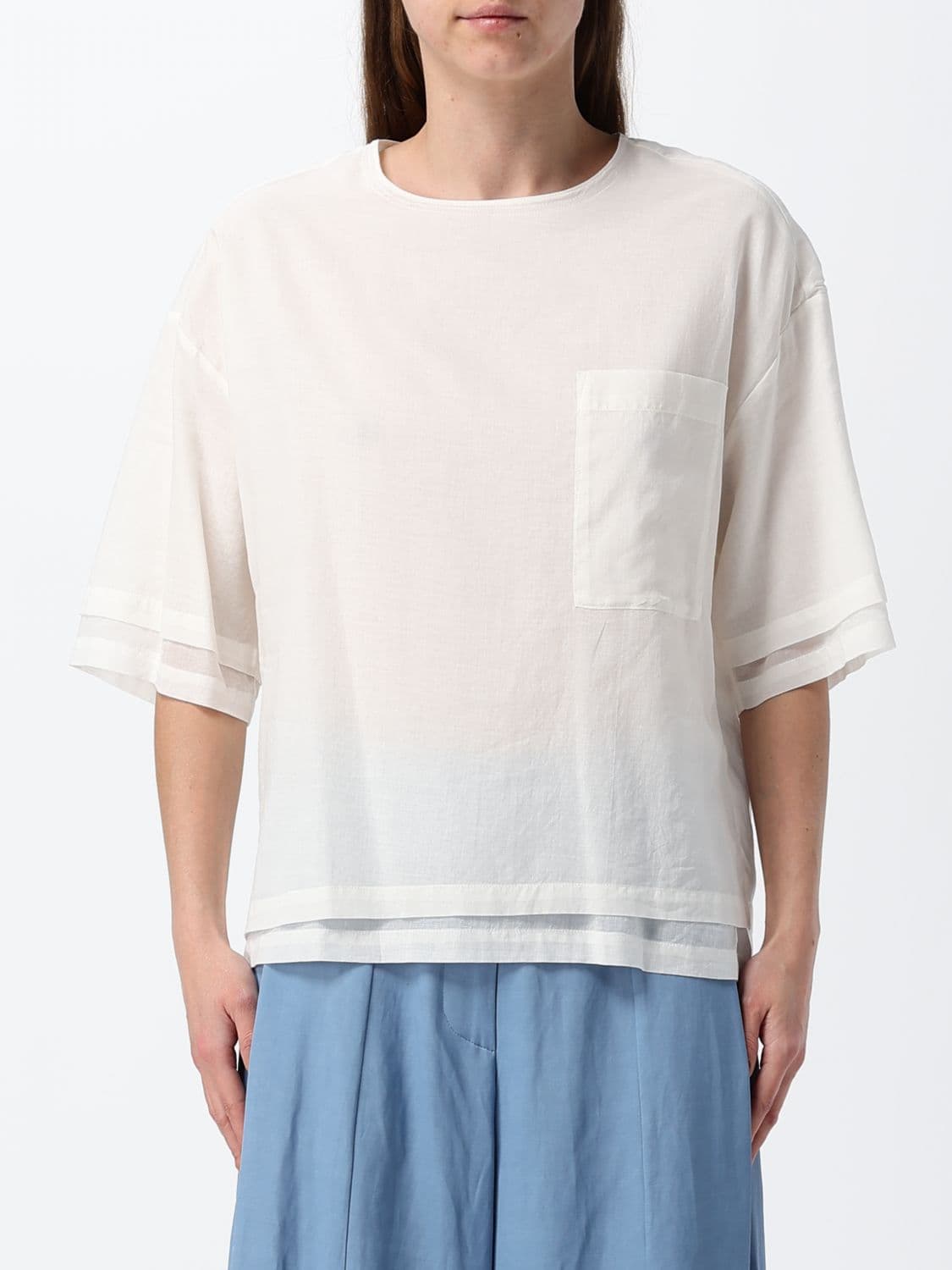 Tela Crewneck Short-Sleeved Blouse with Dropped Shoulders and a Patch Pocket