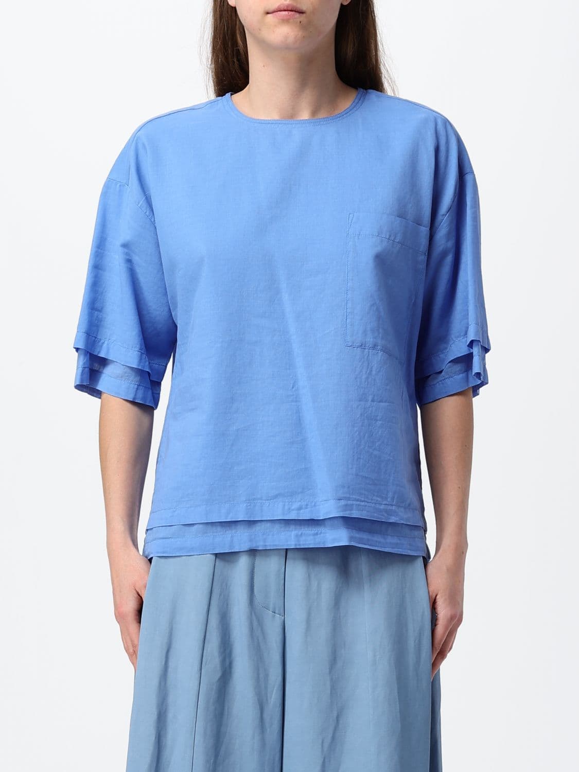 Tela Crewneck Short-Sleeved Blouse with Dropped Shoulders and a Patch Pocket
