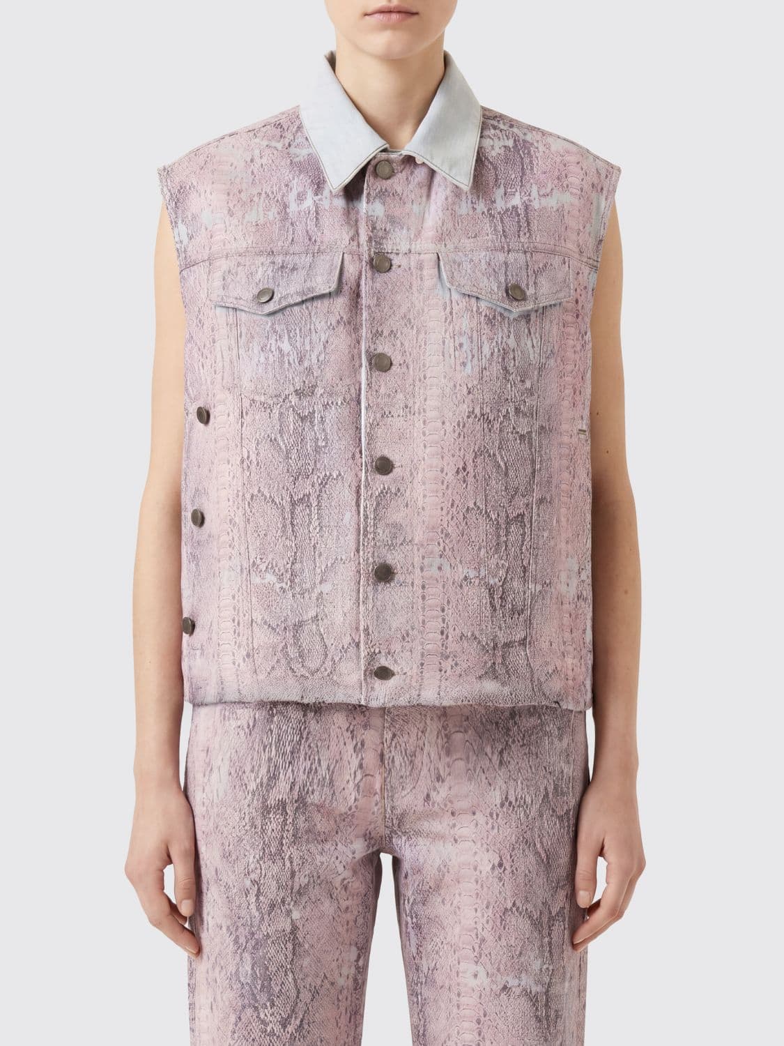 Haikure Python Print Denim Shirt Vest with Classic Collar and Pockets