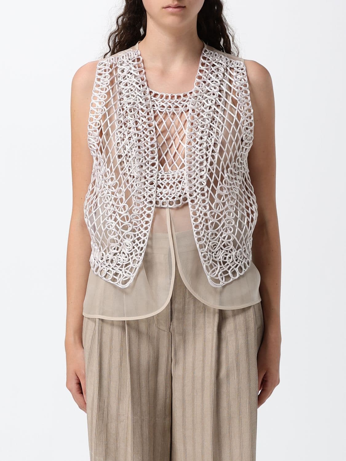 Emporio Armani Crochet Tailored Waistcoat with Square Neckline and Asymmetrical Hem