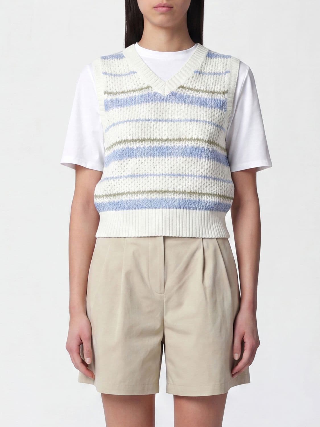Dunst Striped Cotton Knit Vest with V-Neck and Regular Shoulders