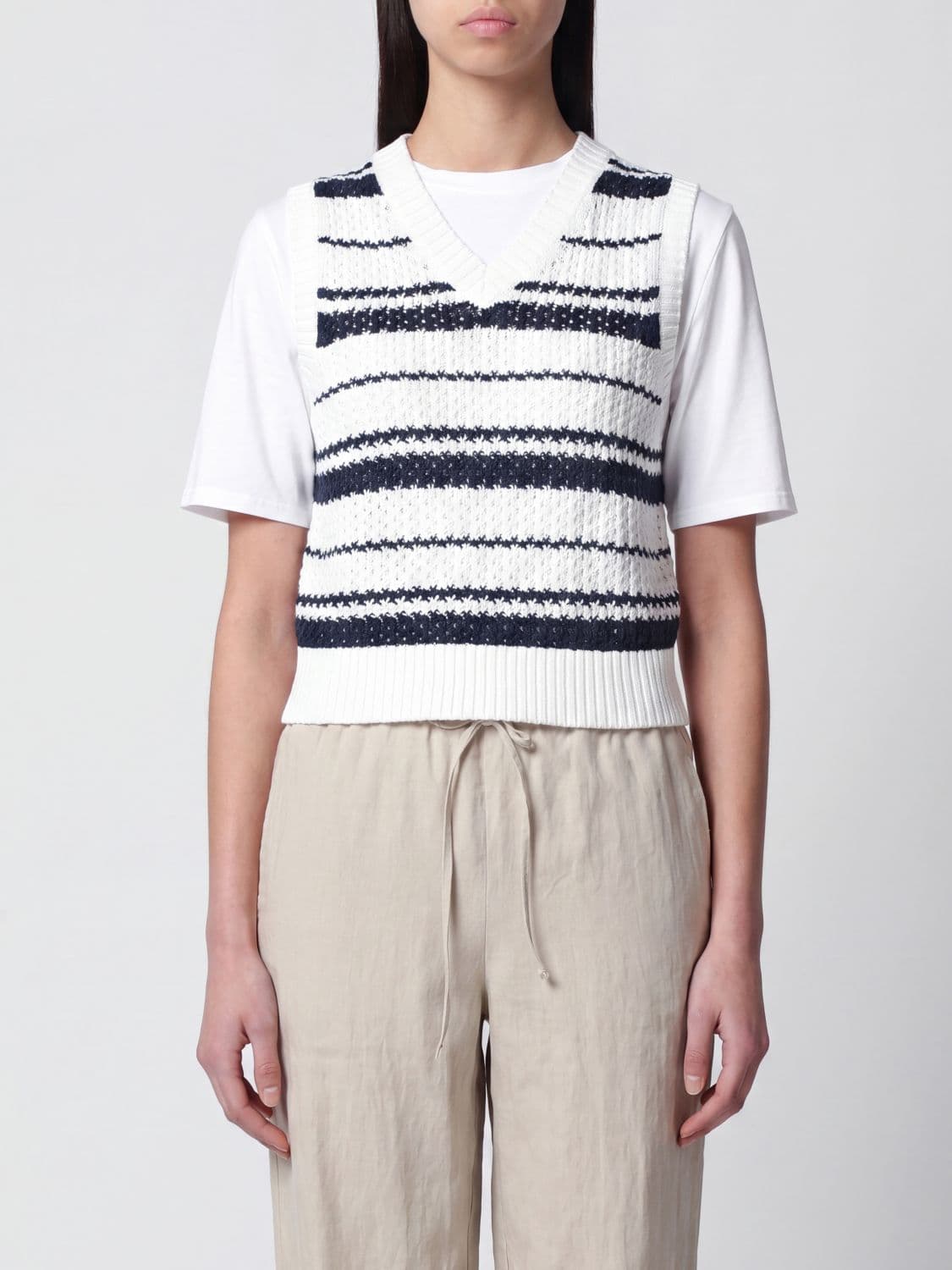 Dunst Striped Cotton Knit Vest with V-Neck and Regular Shoulders