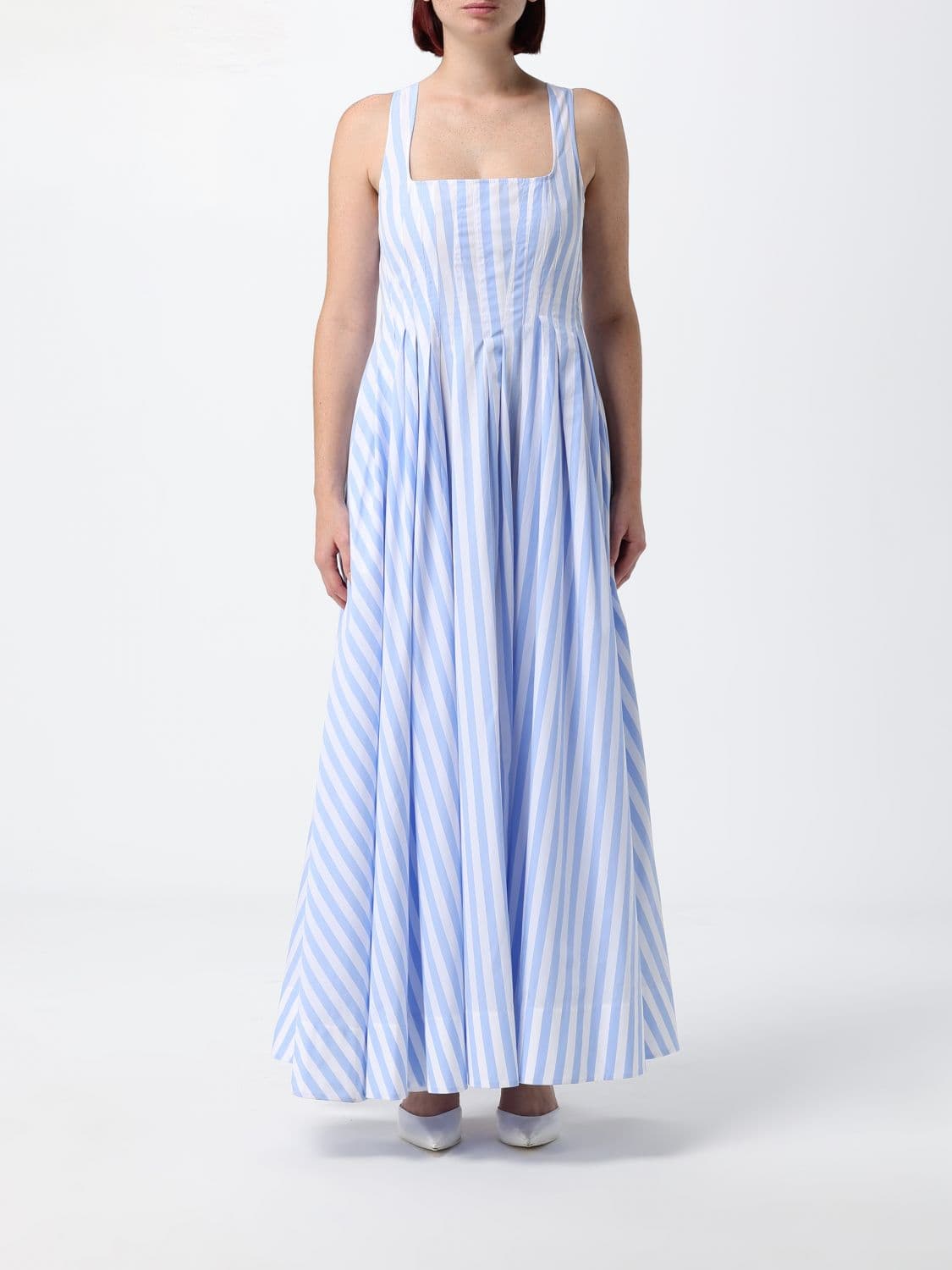 Sportmax Striped Cotton Bustier Maxi Dress with Square Neckline