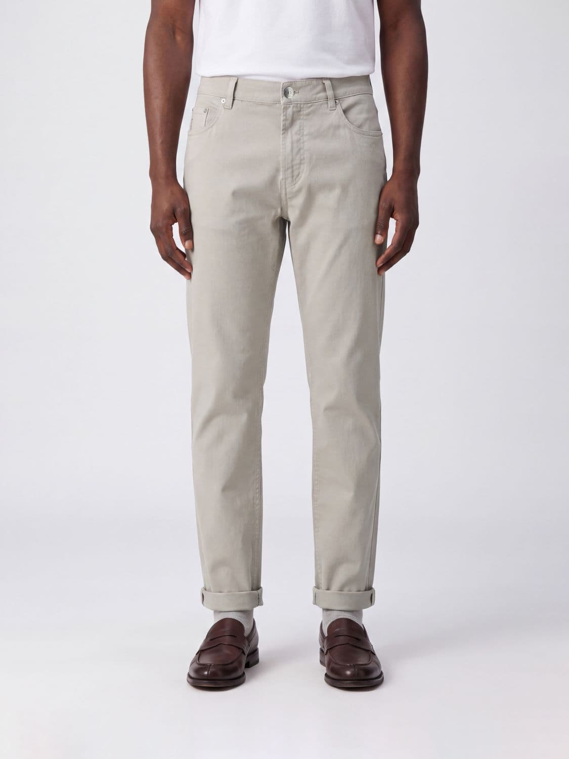 Brunello Cucinelli Straight Fit Jeans in Cotton Denim with Embroidered Crest