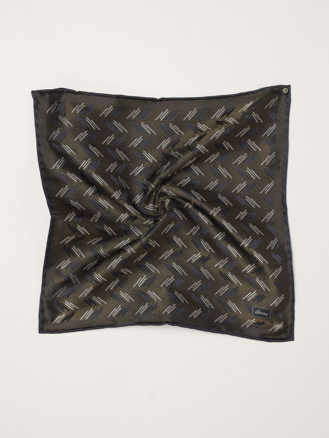 Brioni Chevron Pattern Square Silk Scarf with Contrast Logo