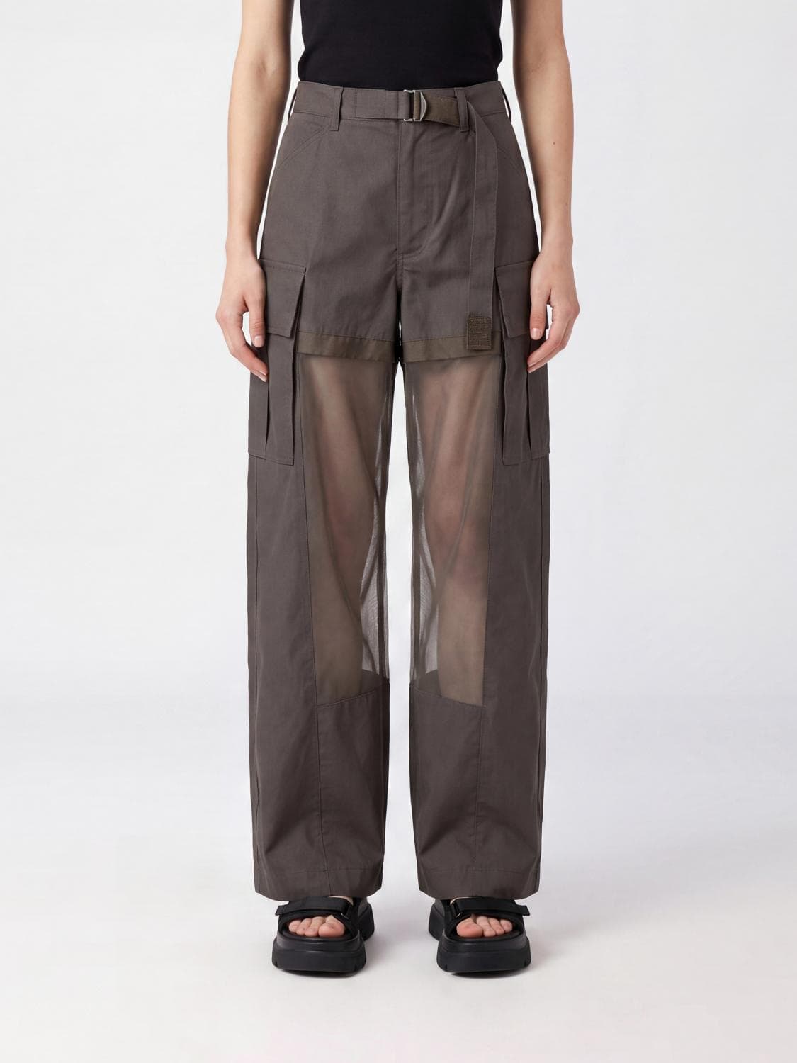 Sacai Wide-Leg Georgette Cargo Trousers with Mid-Rise Waist