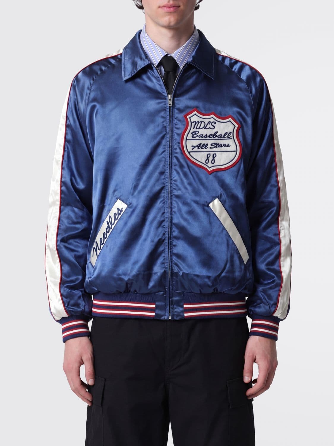 Needles Satin Varsity Bomber Jacket with Embroidered Patches