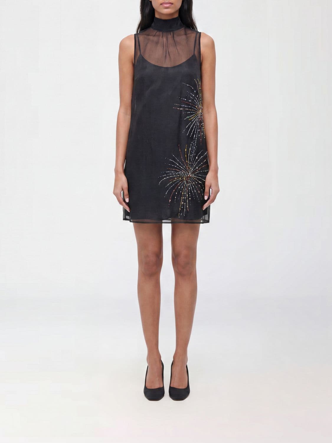 Staud Albee High-Neck Mini Dress in Organza with Bead Embellishment · S